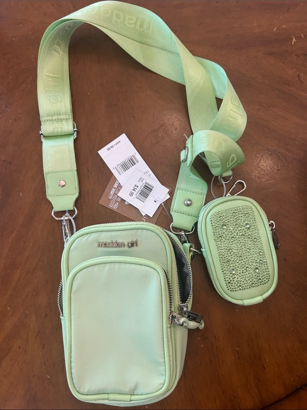 Madden Girl Mint Green Crossbody Phone Bag with Rhinestone Pouch